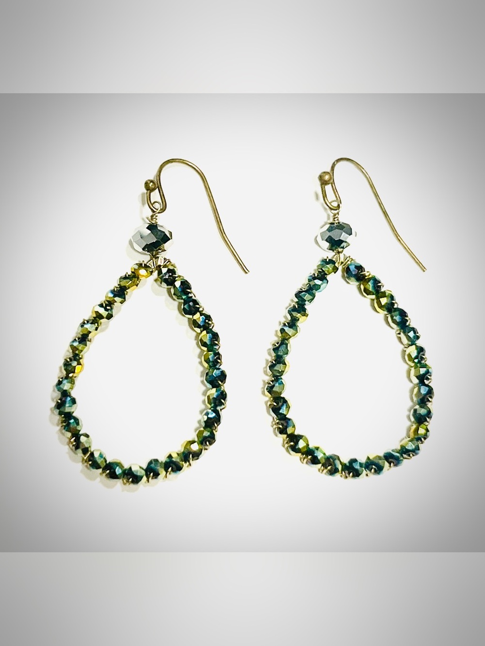 Gold-Tone Teardrop Earrings with Green Iridescent Crystal Beads